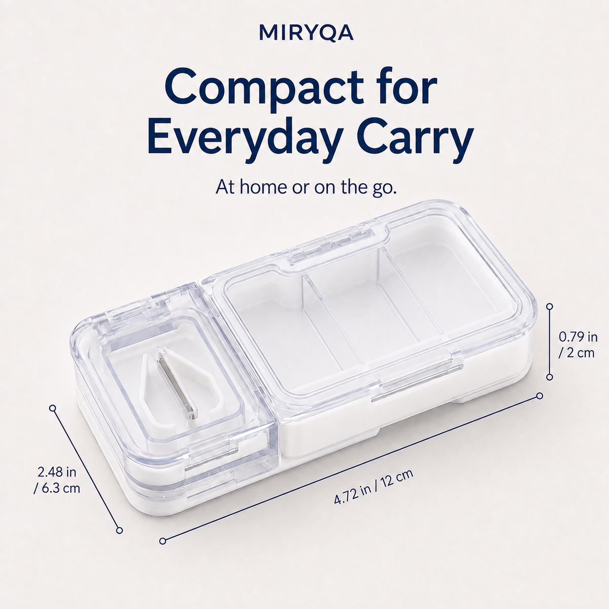 Compact white pill organizer: 4.72 by 2.48 by 0.79 inches, 12 by 6.3 by 2 cm