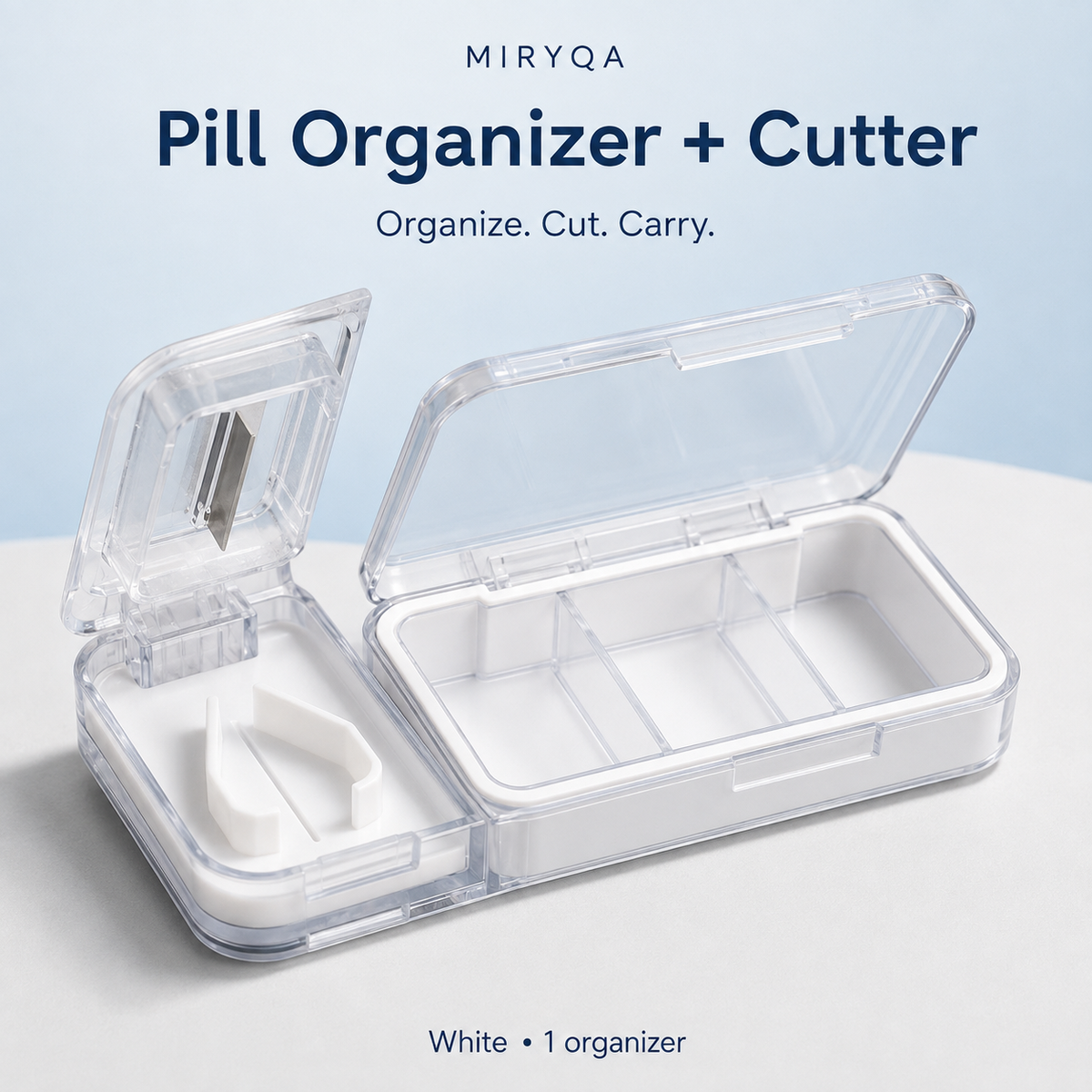 MIRYQA white pill organizer with built-in cutter and three storage compartments