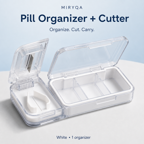 MIRYQA white pill organizer with built-in cutter and three storage compartments